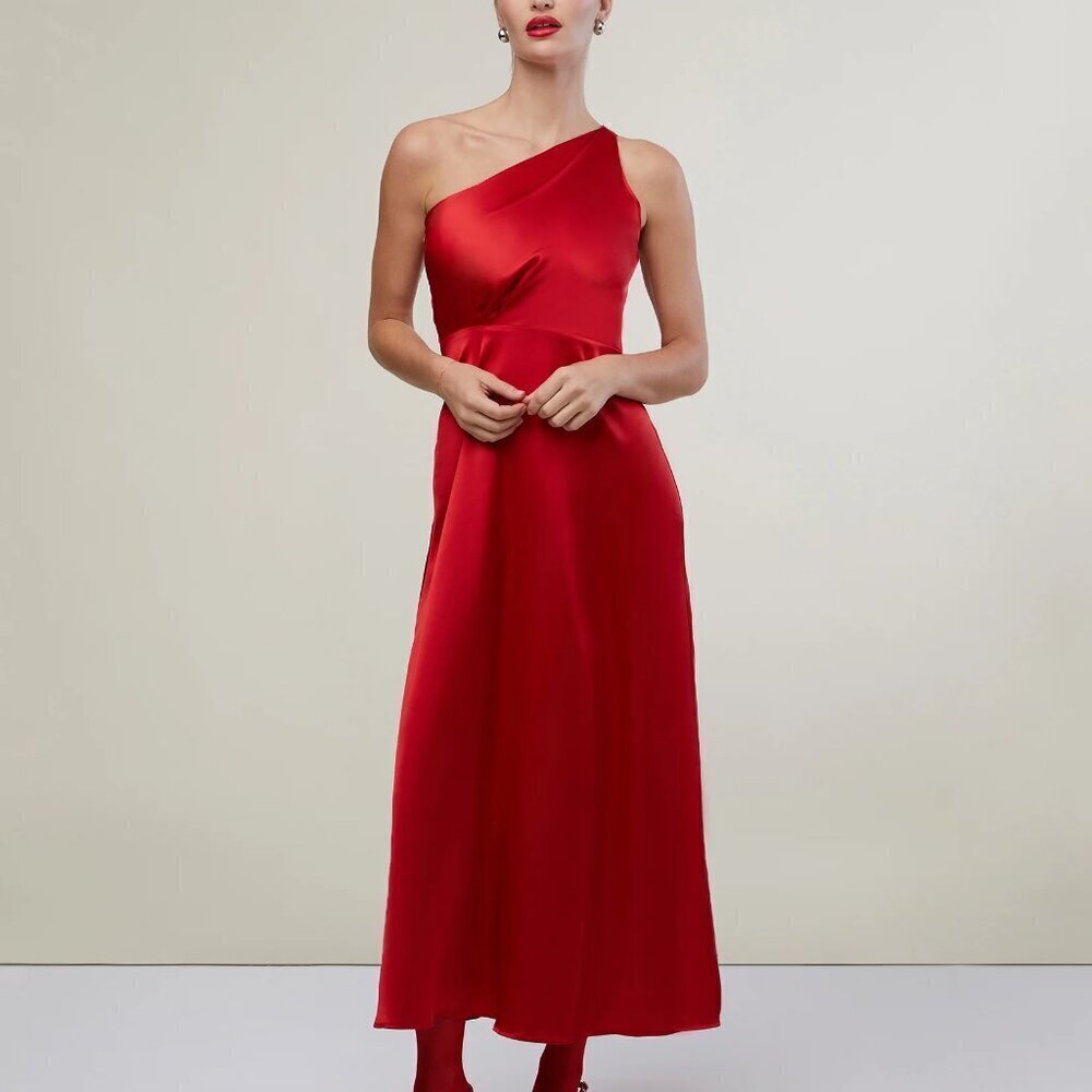 Rachel Parcell One Shoulder Silky Charmeuse Side Slit Midi Dress Size 12